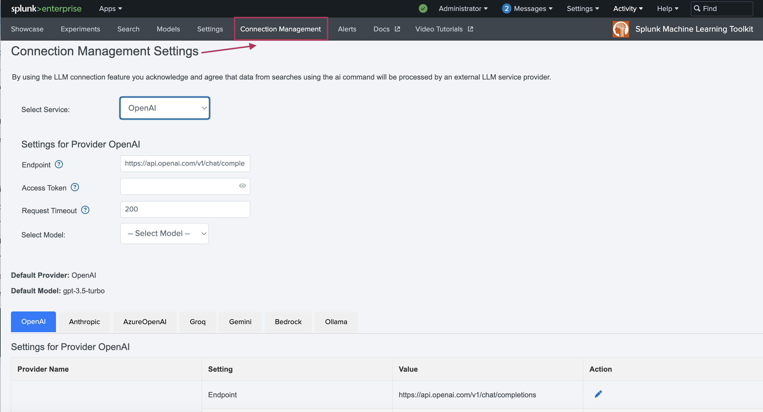 This image shows the AI Toolkit app. The new tab called Connection Management is highlighted and selected. From this tab users can connect to the supported LLM provider they prefer.