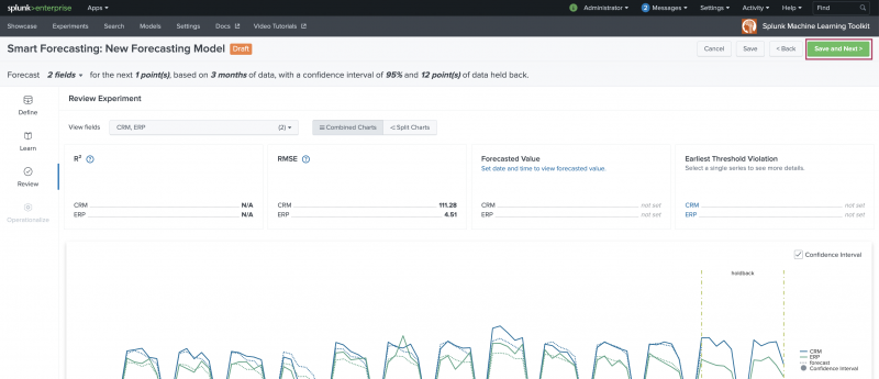 This image shows the Review stage of the Assistant. Four panels allow you to review your results prior to putting the model into production. Panels include R squared statistic, Root Mean Squared Error, Forecasted Value, and Earliest Threshold Violation. Both Forecasted Value, and Earliest Threshold Violation allow you to define dates and thresholds on screen. A Save and Next button in the top right is highlighted.
