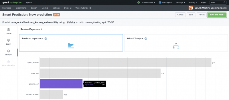This image shows the Review stage of the Smart Prediction Assistant. The Save and Next button is highlighted.