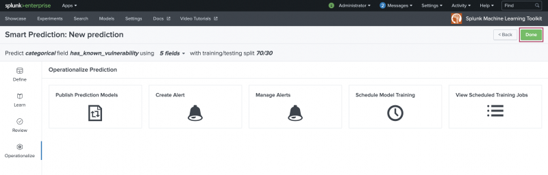 This image shows the Operationalize stage of the Assistant. A green button labeled Done in the top right of the page is highlighted.