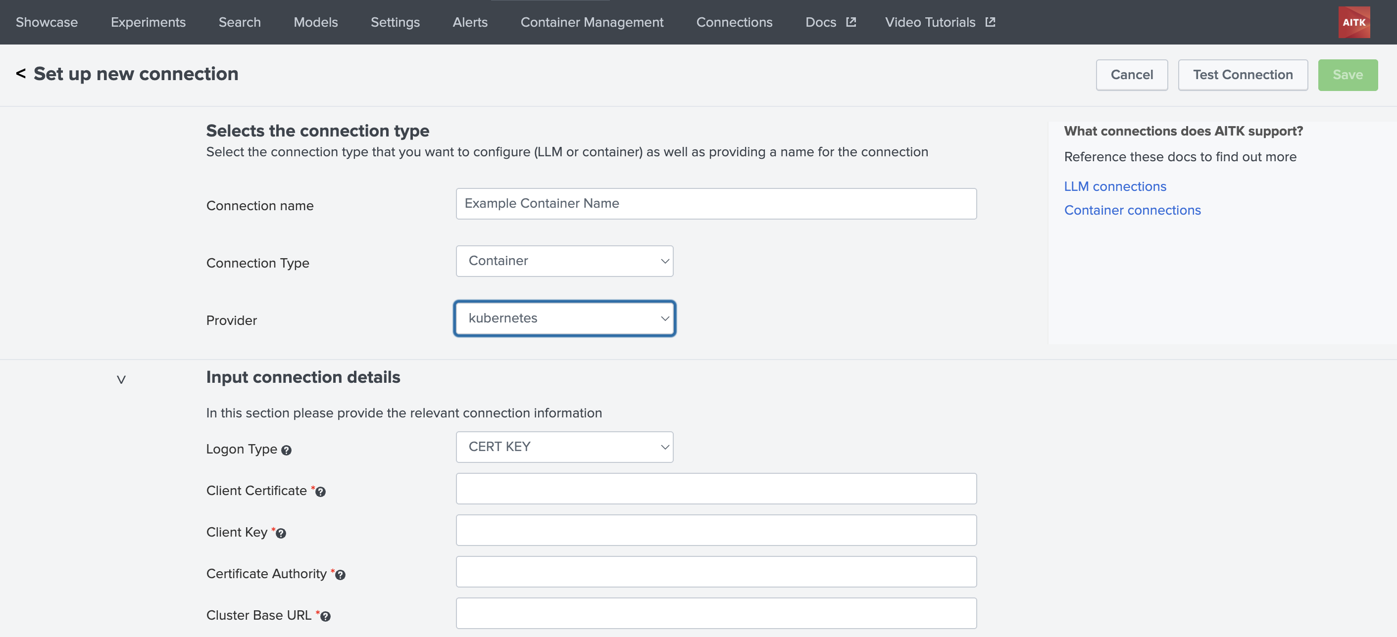 This image shows the set up a new connection page where Container is the chosen connection type and Kubernetes as the provider.