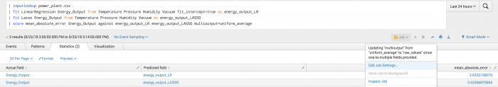 In this screen capture is of the Statistics tab of the toolkit you can see 2 results listed with values for Actual field, Predicted field, and mean absolute error.