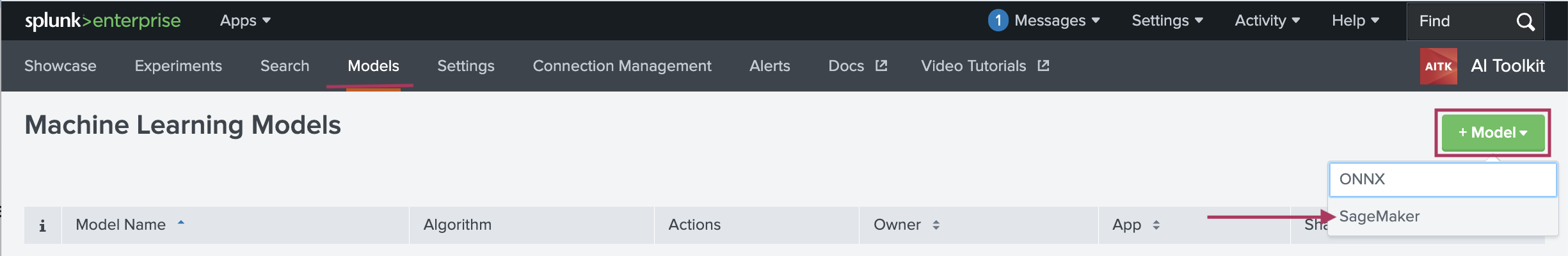 This image shows the Models tab of the AI Toolkit. The +Model button on the far right is selected and the option for SageMaker is highlighted.