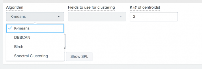 This image is of the algorithm drop-down menu with the K-means option selected. Other listed options include DBSCAN, Birch and Spectral Clustering
